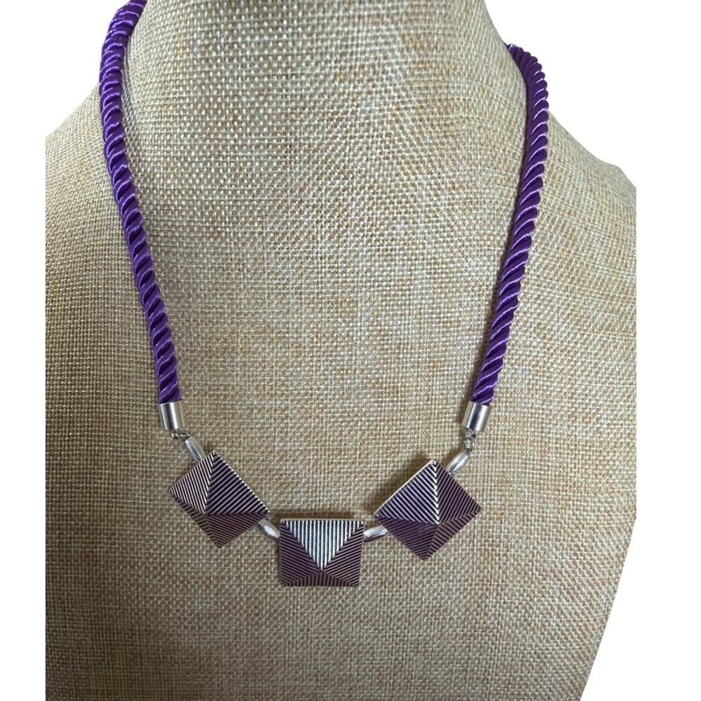 Purple Twisted Cord Geometric Pyramid Statement Necklace Silver Tone
